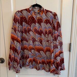 Oliphant Burgundy Multi Ruffle-Trim Long-Sleeve Blouse